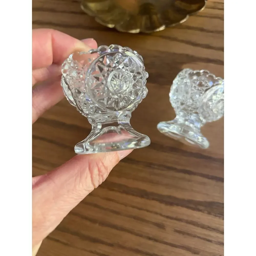 Antique EAPG Salt Cellars Footed Glass Open Salts Set Of 2 Starburst And Shells